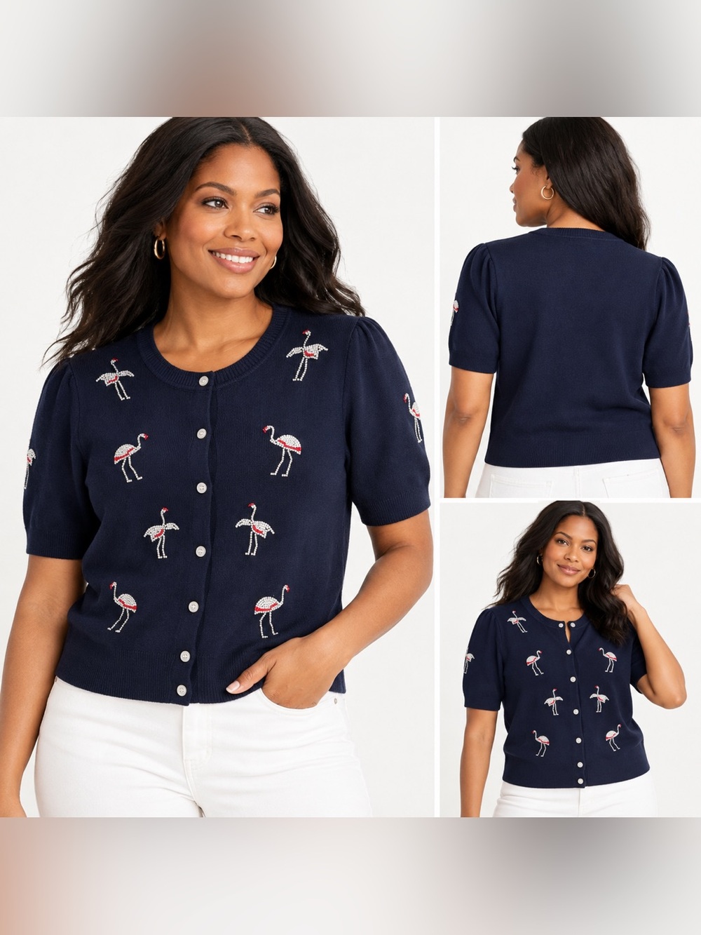 Free Assembly Navy Flamingo Embellished Short Sleeve Cardigan XL 16-18 NWT